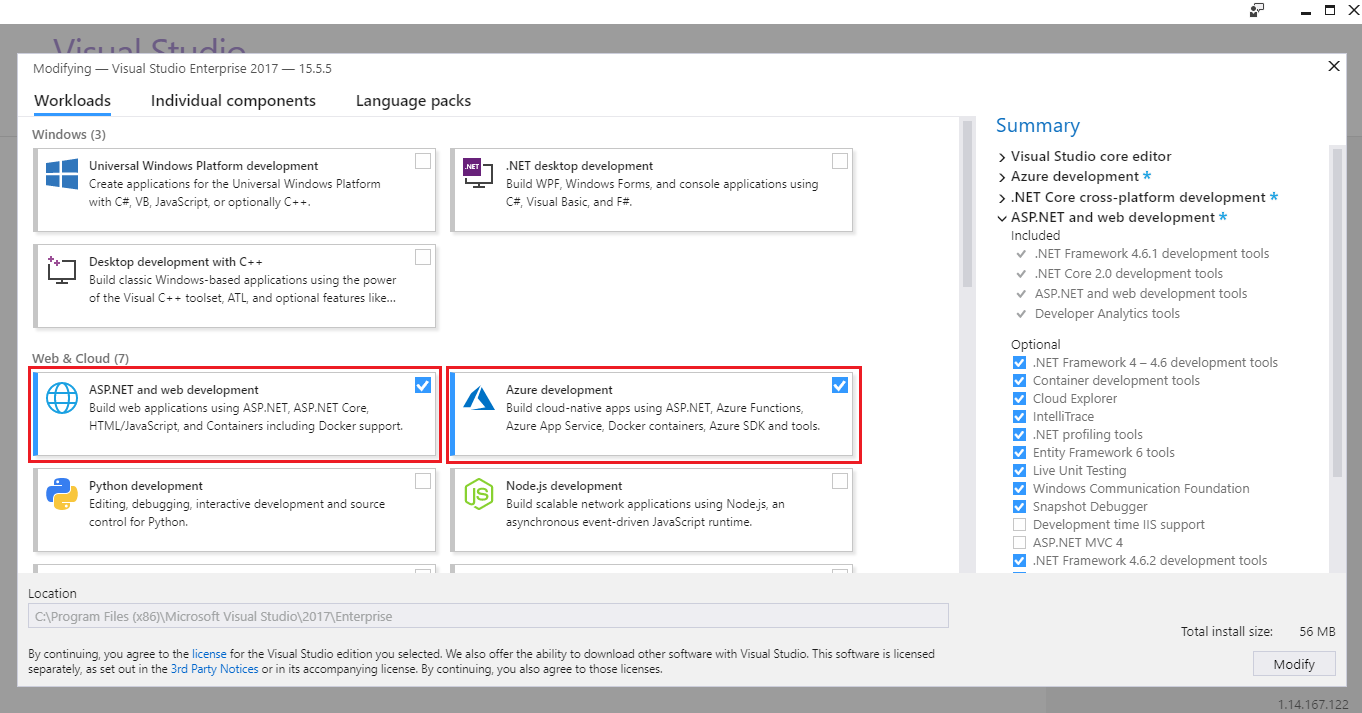 Screenshot of the Visual Studio 2017 installer dialogue with the ASP.NET and web development and Azure development options selected and highlighted